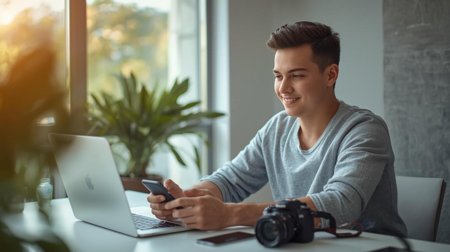 Young professional reviewing blurred screens while working happily in a bright digital workspace.