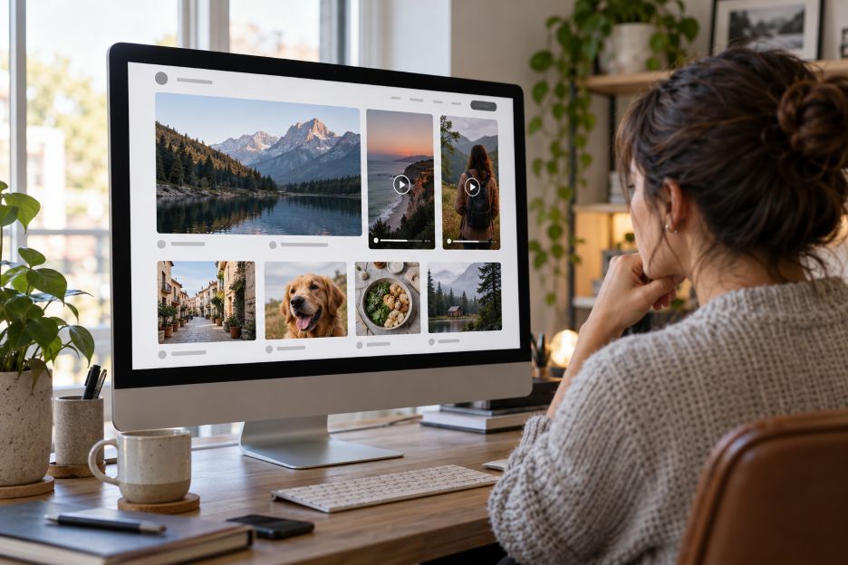 web publisher reviewing a website with embedded photo and vertical-video cards